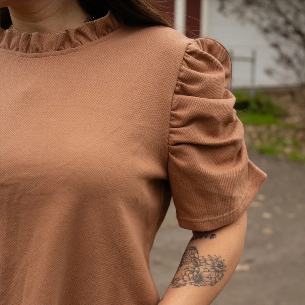 Elegant Brown Puff Sleeve Top - Picture 4 of 5